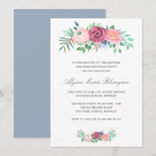 Elegant Pink Floral Girl Baptism First Birthday Invitation