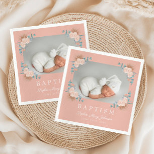 Elegant Pink Floral Girl Baptism Photo Napkin