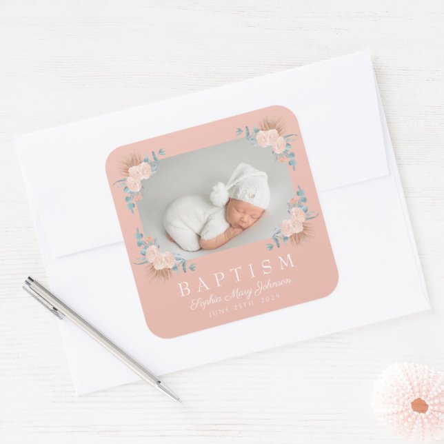 Elegant Pink Floral Girl Baptism Photo Square Sticker (Envelope)
