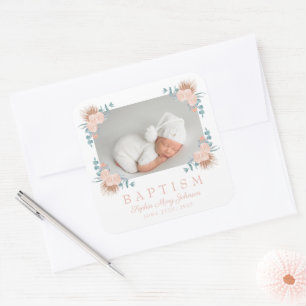 Elegant Pink Floral Girl Baptism Photo  Square Sticker