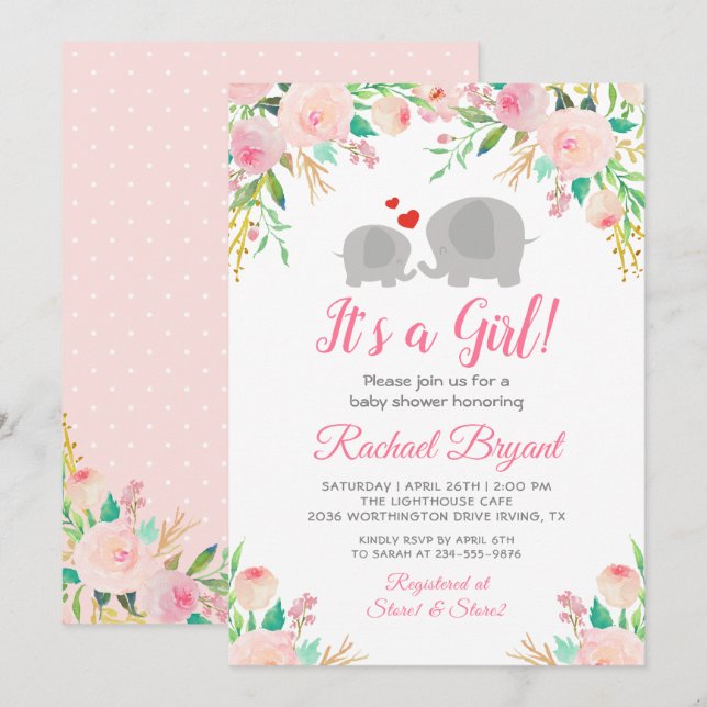 Elegant Pink Floral Girl Elephant Baby Shower Invitation (Front/Back)