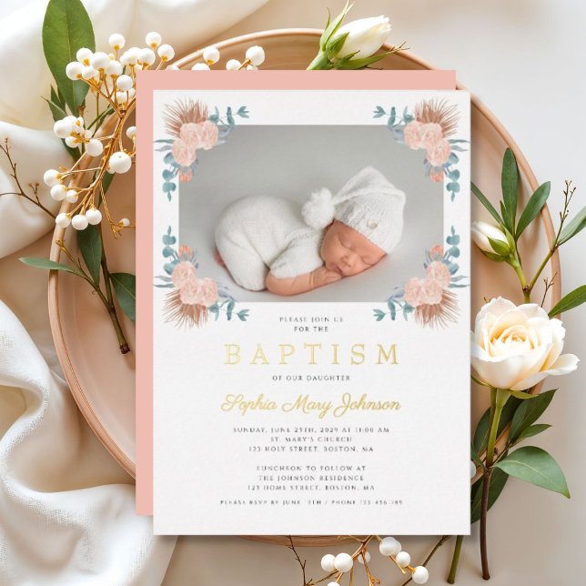 Elegant Pink Floral Girl Photo Baptism Gold (Elegant Pink Floral Girl Photo Baptism Gold Foil Invitation)