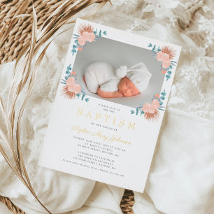 Elegant Pink Floral Girl Photo Baptism Gold