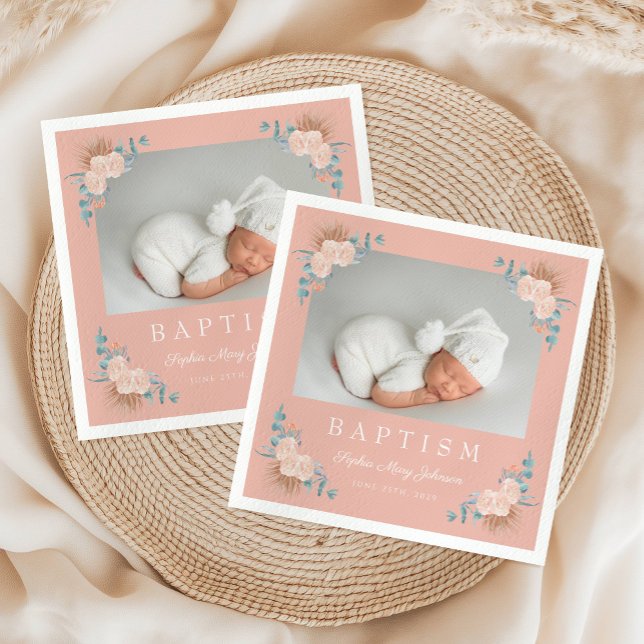 Elegant Pink Floral Girl Photo Baptism Napkin (Elegant Pink Floral Girl Photo Baptism Napkins)