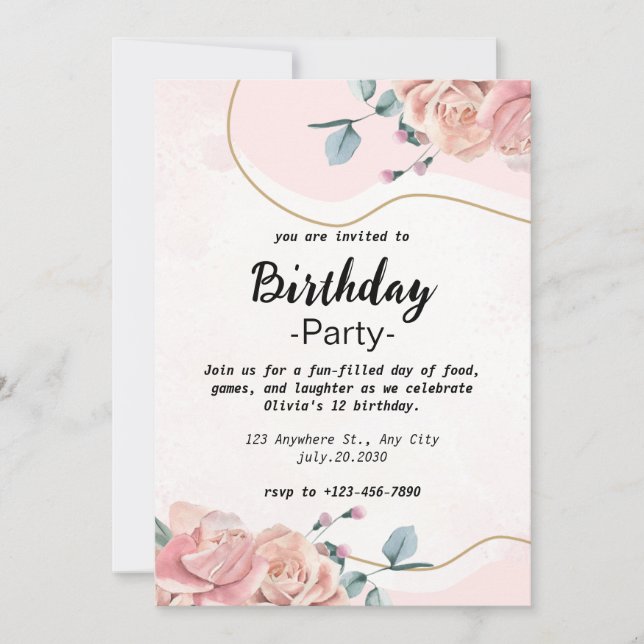Elegant Pink Floral Girls Birthday Invitation (Front)