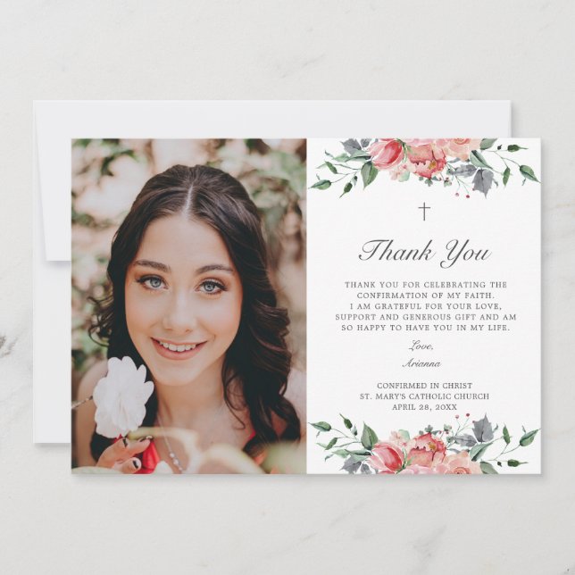 Elegant Pink Floral Girl's Confirmation with Photo Thank You Card (Front)