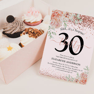 Elegant Pink Floral & Glitter 30th Birthday Party Invitation