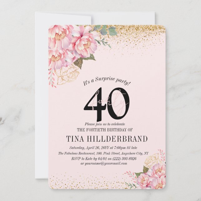 Elegant Pink Floral &  Glitter 40th Birthday Party (Front)