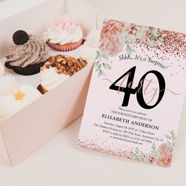 Elegant Pink Floral & Glitter 40th Birthday Party  Invitation (Creator Uploaded)