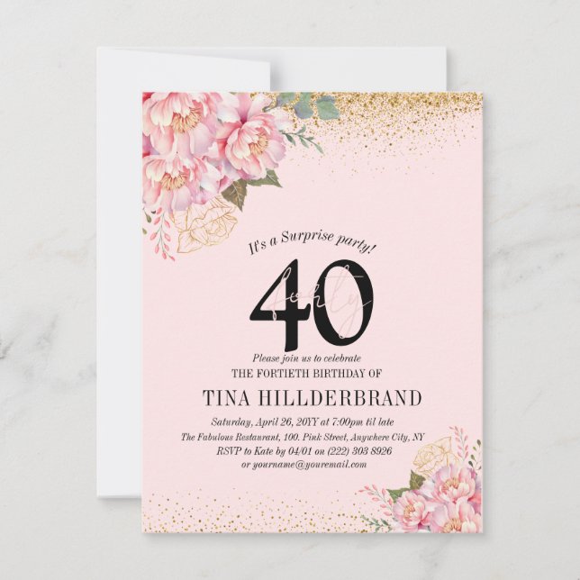 Elegant Pink Floral &  Glitter 40th Birthday Party Invitation (Front)