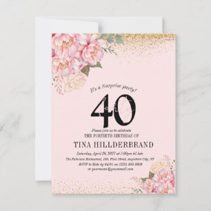 Elegant Pink Floral &  Glitter 40th Birthday Party Invitation