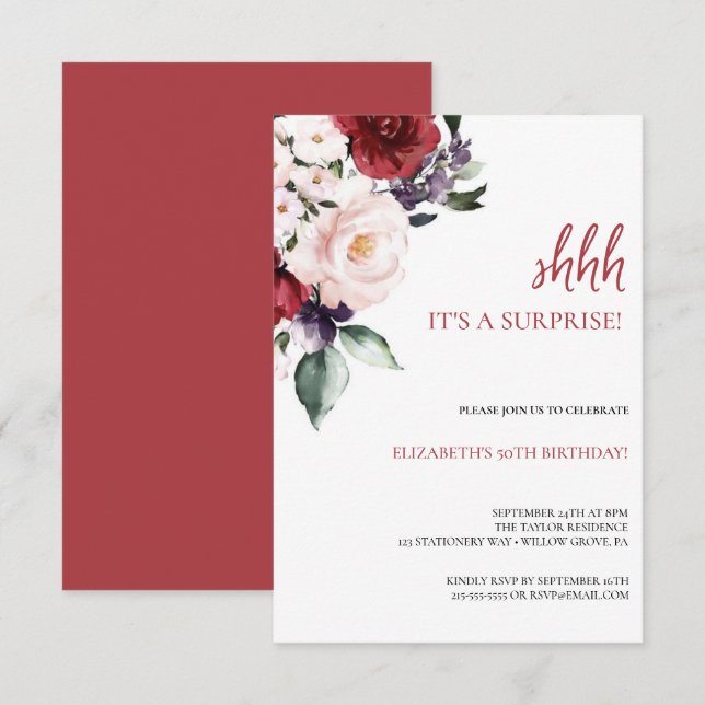 Elegant Pink Floral & Glitter 50th Birthday Party Invitation (Front/Back)