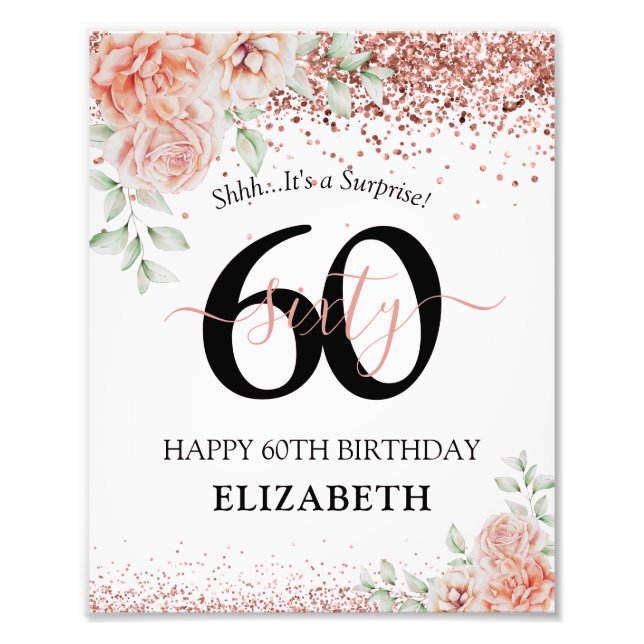 Elegant Pink Floral & Glitter 60th Birthday Party Photo Print (Front)