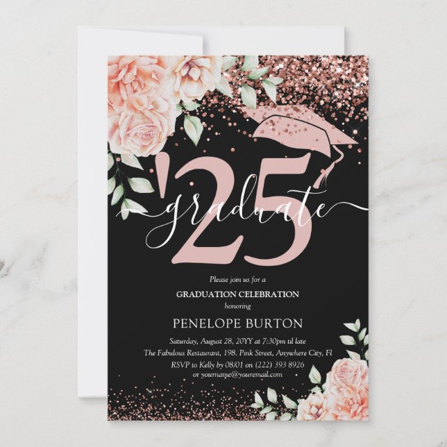Elegant Pink Floral & Glitter Graduation Party Invitation (Front)