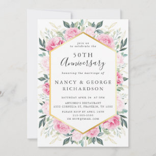 Elegant Pink Floral Gold 50th Wedding Anniversary Invitation