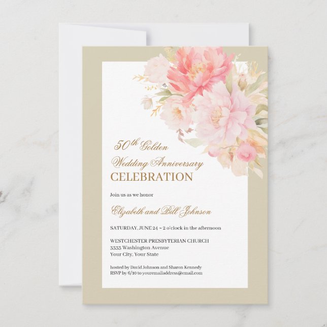 Elegant Pink Floral Gold 50th Wedding Anniversary Invitation (Front)