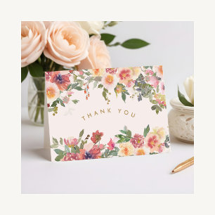 Elegant Pink Floral Gold Bridal Shower Thank You Card