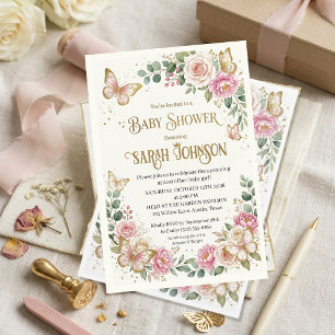 Elegant Pink Floral & Gold Butterfly  Baby Shower  Invitation