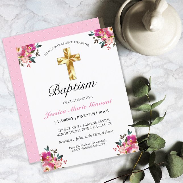 Elegant PInk Floral Gold Cross Baptism Invitation (Creator Uploaded)