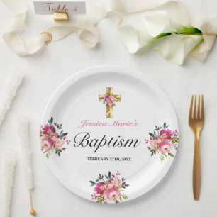 Elegant PInk Floral Gold Cross Baptism Paper Plate