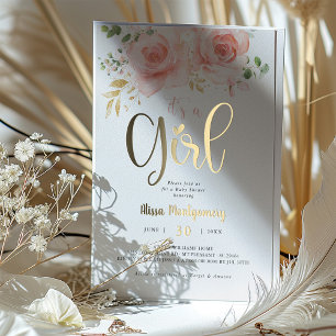 Elegant Pink Floral Gold Foil Girl Baby Shower