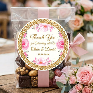 Elegant Pink Floral & Gold Foil Wedding Thank You Classic Round Sticker