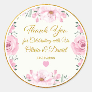 Elegant Pink Floral & Gold Foil Wedding Thank You Classic Round Sticker
