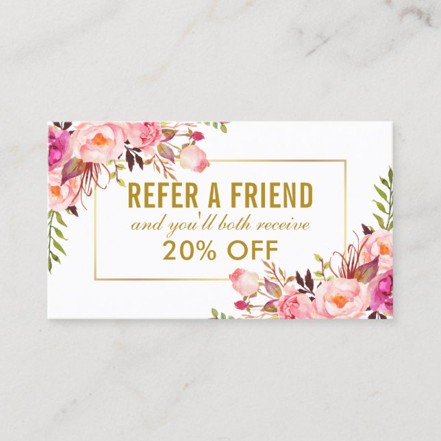Elegant Pink Floral Gold Frame Referral Business Card (Front)