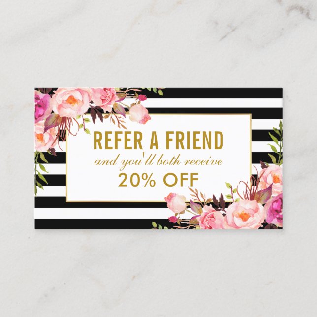 Elegant Pink Floral Gold Frame Striped Referral Business Card (Front)