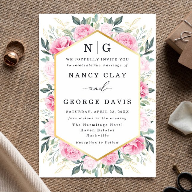 Elegant Pink Floral Gold Leaves Monogram Wedding Invitation (Creator Uploaded)