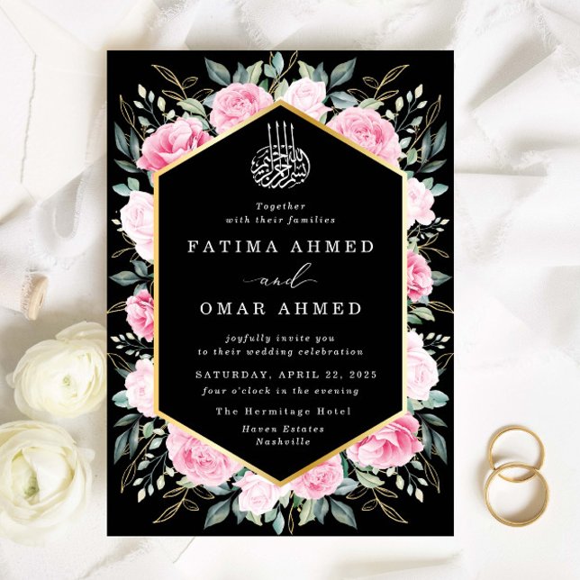 Elegant Pink Floral Gold Leaves Muslim Wedding Invitation (Creator Uploaded)