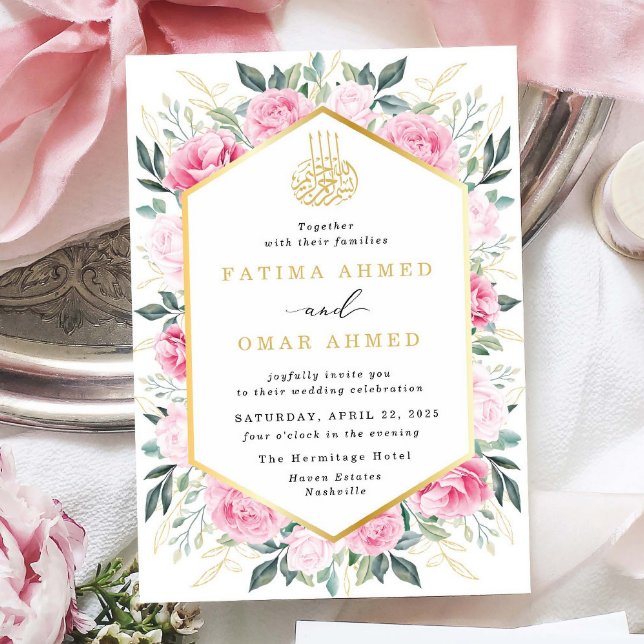 Elegant Pink Floral Gold Leaves Muslim Wedding Invitation (Creator Uploaded)