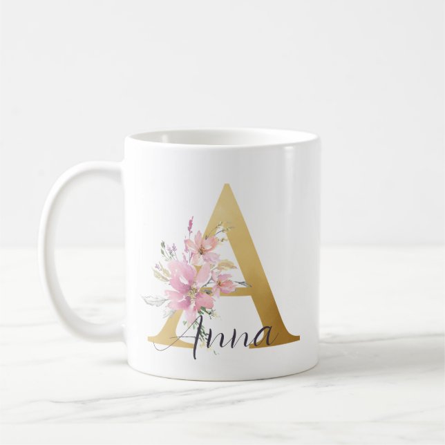 Elegant Pink Floral Gold Letter Monogram A Coffee Mug (Left)