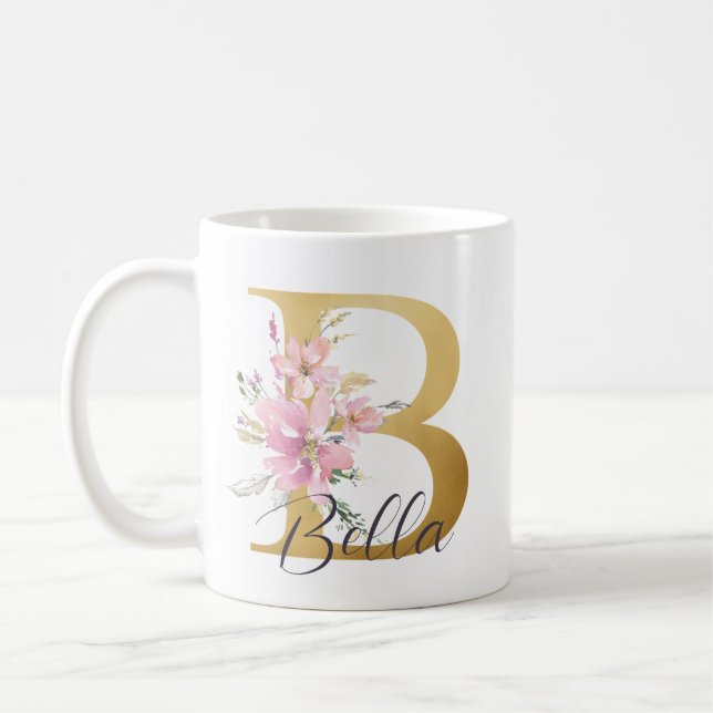 Elegant Pink Floral Gold Letter Monogram B Coffee Mug (Left)