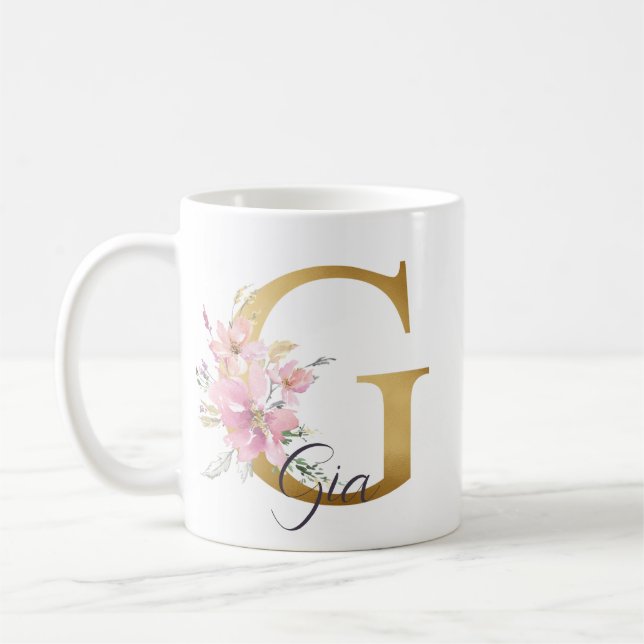 Elegant Pink Floral Gold Letter Monogram G Coffee Mug (Left)