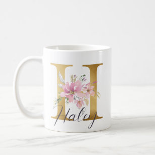 Elegant Pink Floral Gold Letter Monogram H Coffee Mug