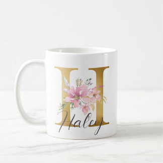 Elegant Pink Floral Gold Letter Monogram H Coffee Mug