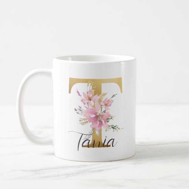 Elegant Pink Floral Gold Letter Monogram T Coffee Mug (Left)