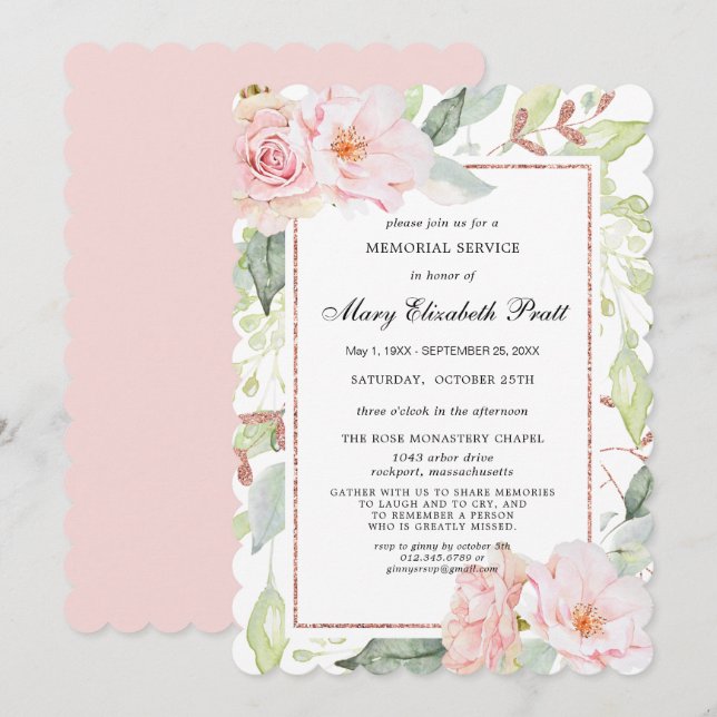 Elegant Pink Floral Gold Memorial Service Invitati Invitation (Front/Back)
