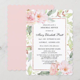 Elegant Pink Floral Gold Memorial Service Invitati Invitation