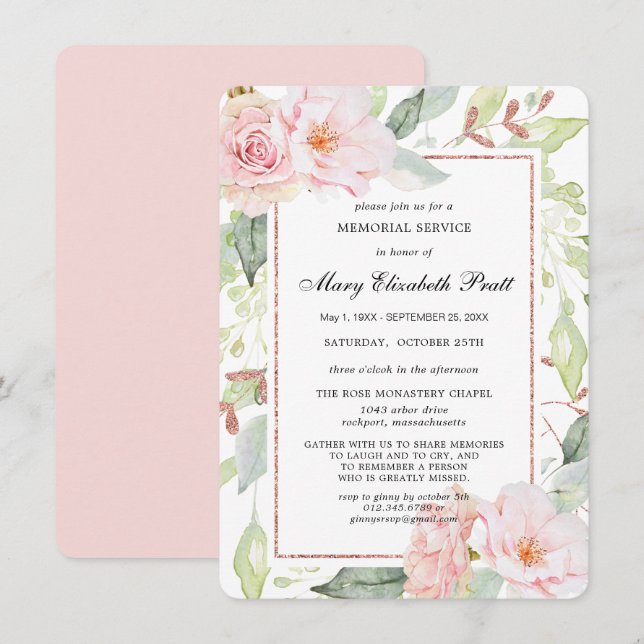 Elegant Pink Floral Gold Memorial Service Invitati Invitation (Front/Back)