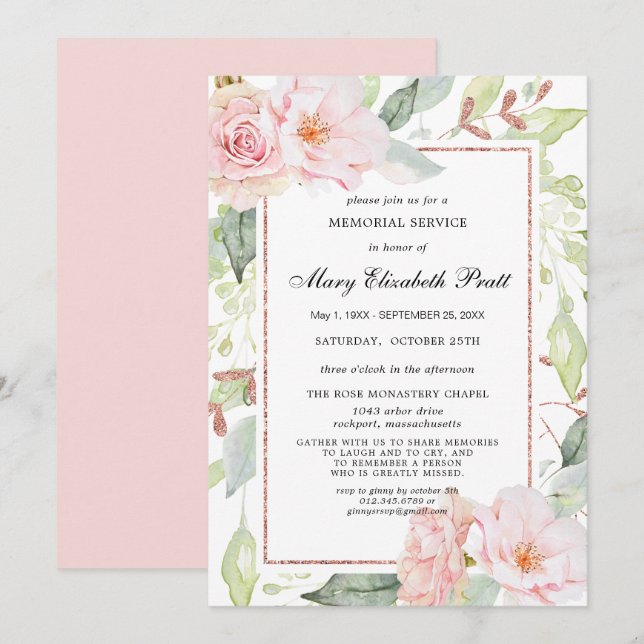 Elegant Pink Floral Gold Memorial Service Invitation (Front/Back)