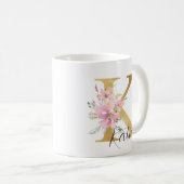 Elegant Pink Floral Gold Monogram Letter K Coffee Mug (Front Right)