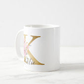 Elegant Pink Floral Gold Monogram Letter K Coffee Mug (Front Left)