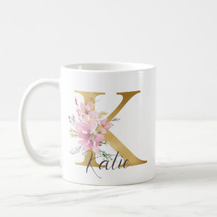 Elegant Pink Floral Gold Monogram Letter K Coffee Mug