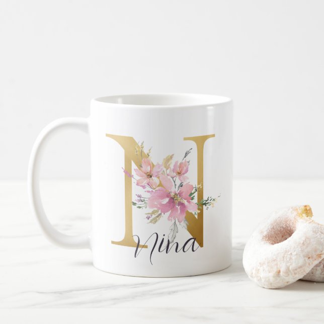 Elegant Pink Floral Gold Monogram Letter N Coffee Mug (With Donut)