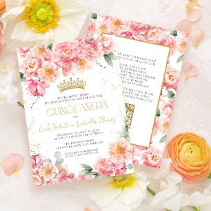 Elegant Pink Floral Gold QR Code Quinceañera Invitation