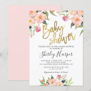 Elegant Pink Floral Gold Script Baby Shower Invitation