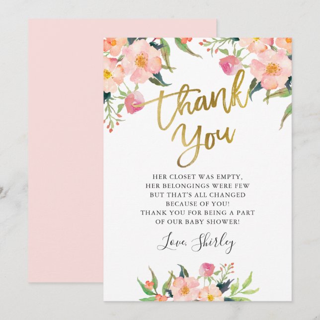 Elegant Pink Floral Gold Script Baby Shower Thank You Card (Front/Back)