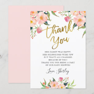Elegant Pink Floral Gold Script Baby Shower Thank You Card
